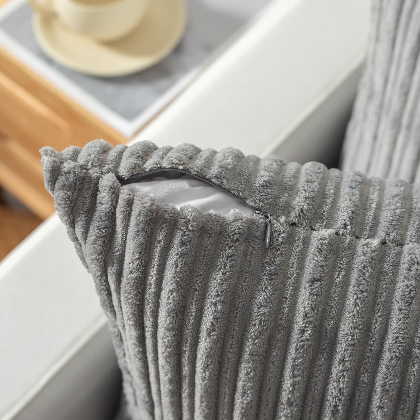 Kevin Textile Decorative Pillow Covers Decor Supersoft Striped Velvet Throw Toss Pillowcase Cushion Cover for Chair, Light Grey, (45x45 cm, 18inch), 2 Pieces