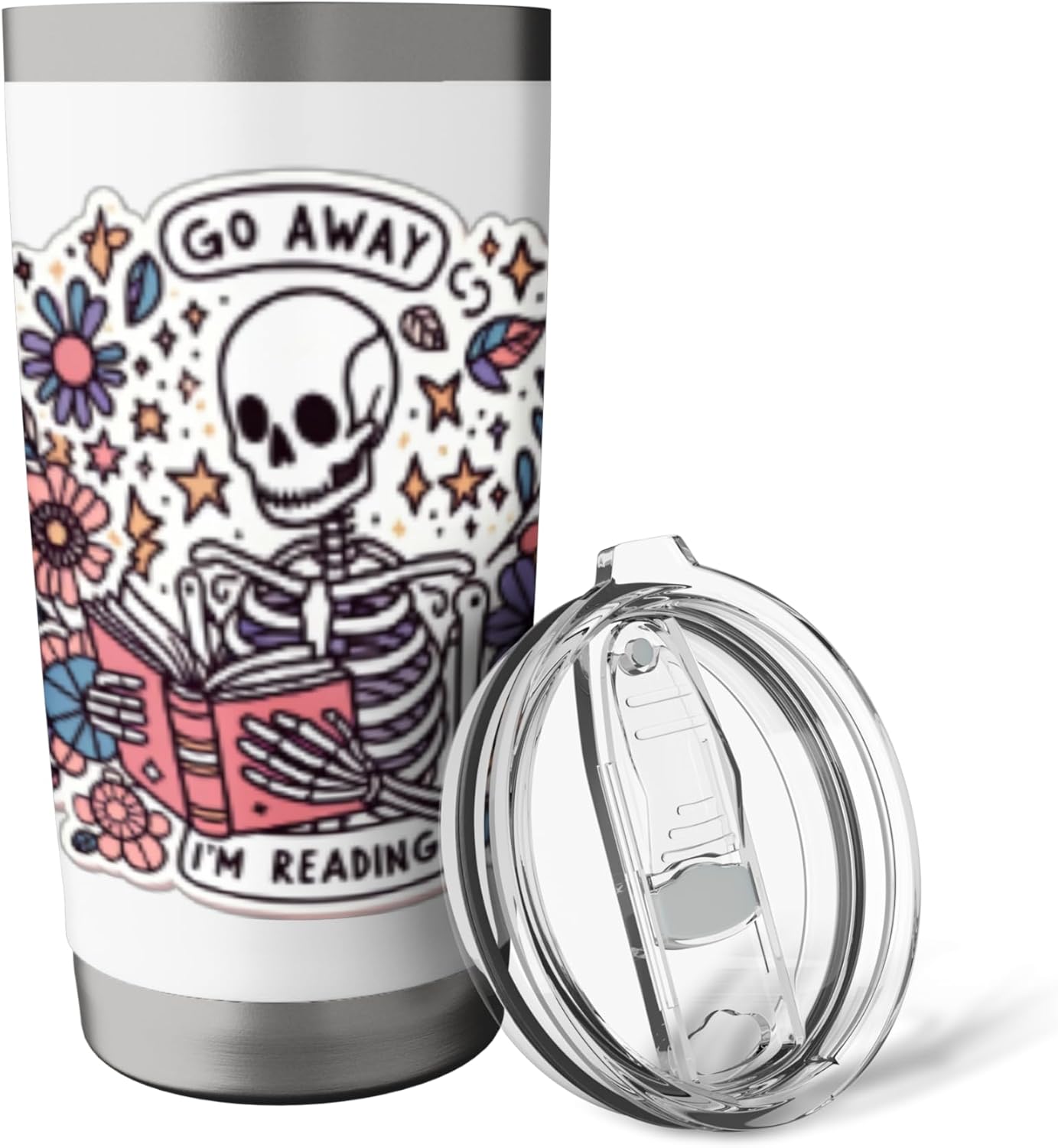 Go Away I'm Reading Funny Skeleton Book Lovers Bookish Skull Stainless Steel Insulated Tumbler