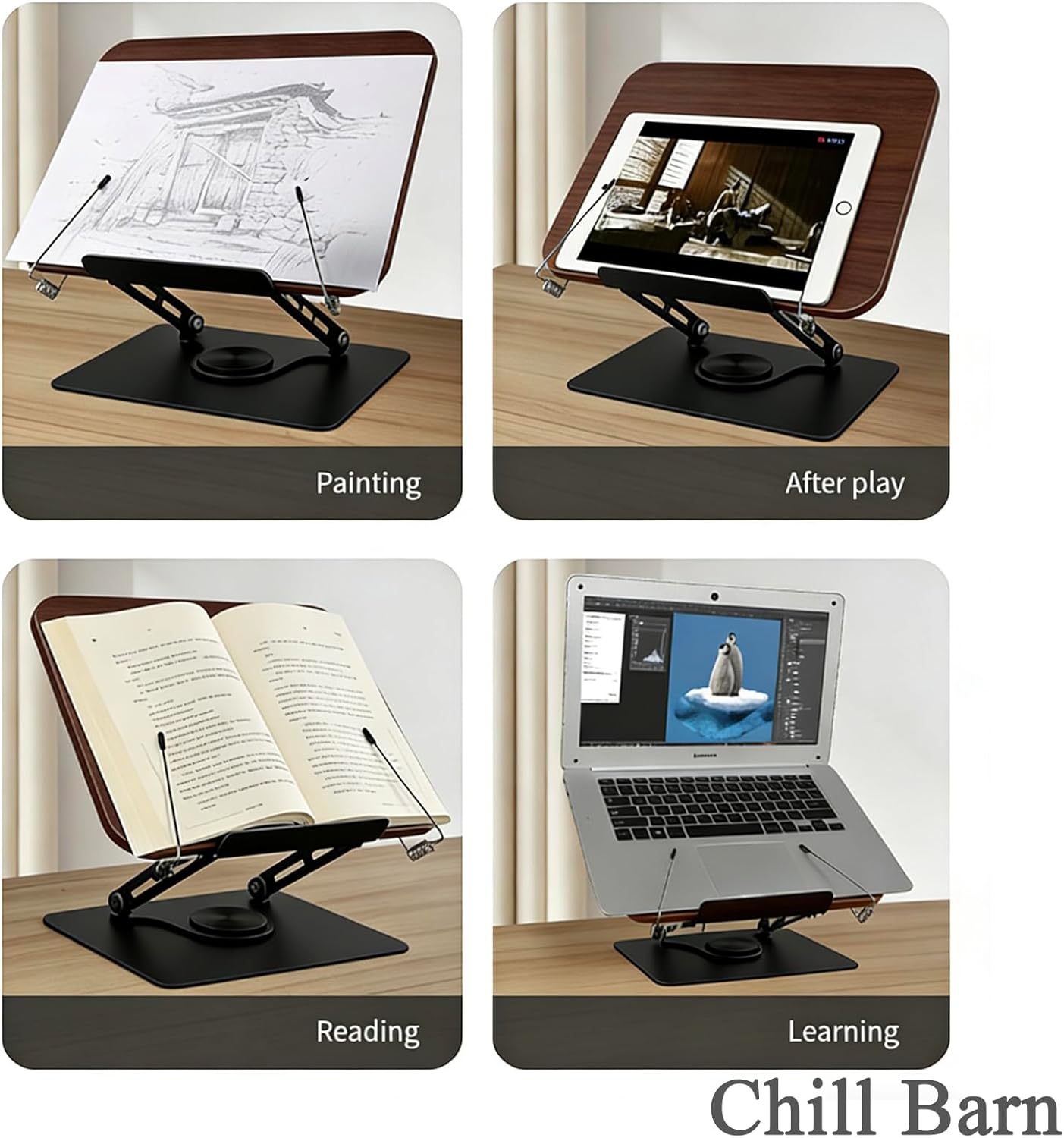 Chill Barn;Book Stand for Reading, 360° Rotating Hands Free Book Holder, Adjustable Height and Angle, Page Clip for Cookbook, Recipe, Magazine, Laptop,Tablet, Foldable for Kitchen, Office, School;