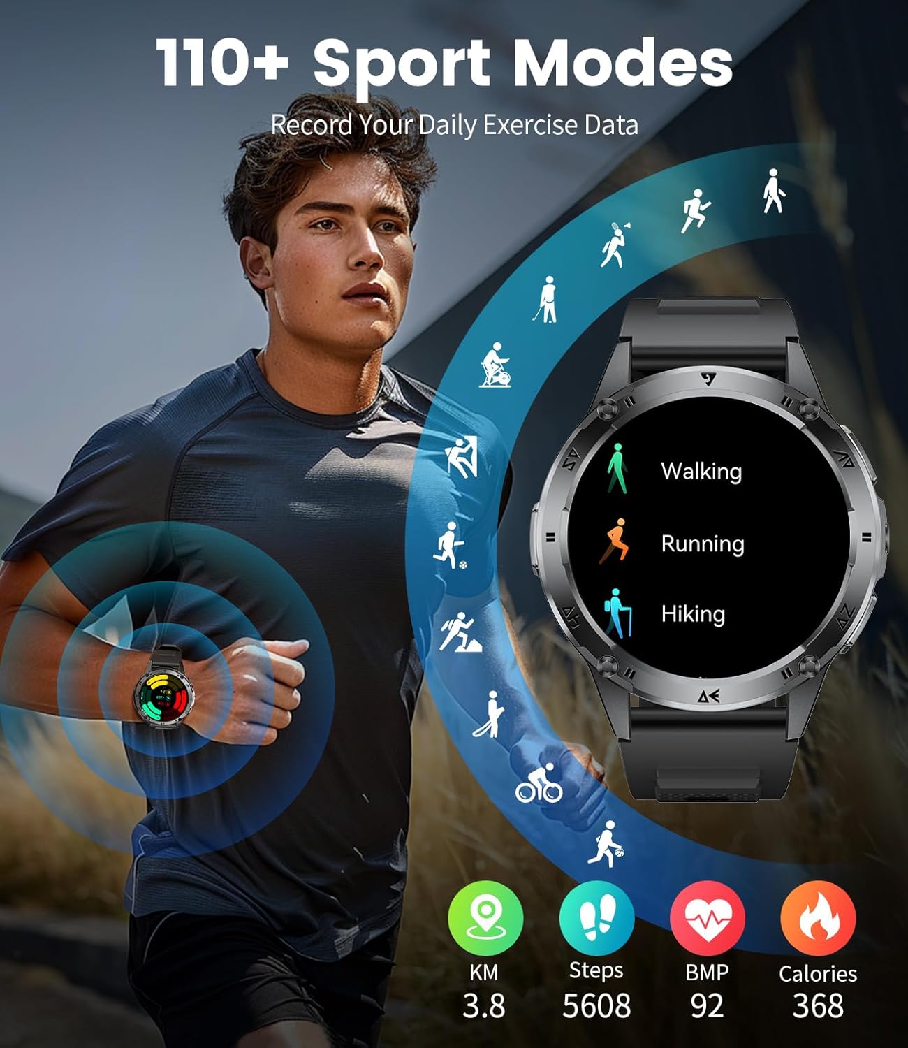 LIGE Military Smart Watch for Men iPhone Android 1.43" HD Amoled Rugged 120+ Sport Modes IP68 Waterproof Answer/Make Call Fitness Running Heart Rate Blood Pressure Health Mens Smartwatch EF6-A