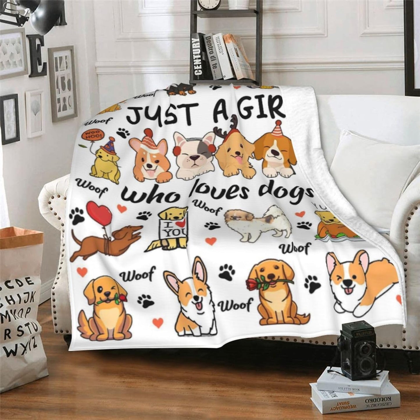 Funny Dogs Puppy Blanket Gifts for Women Just A Girl Who Loves Dogs Soft Cozy Throw Blanket Gifts for Dog Lovers Girls Kids Boys Bedroom Sofa Couch Decor 60"X50"
