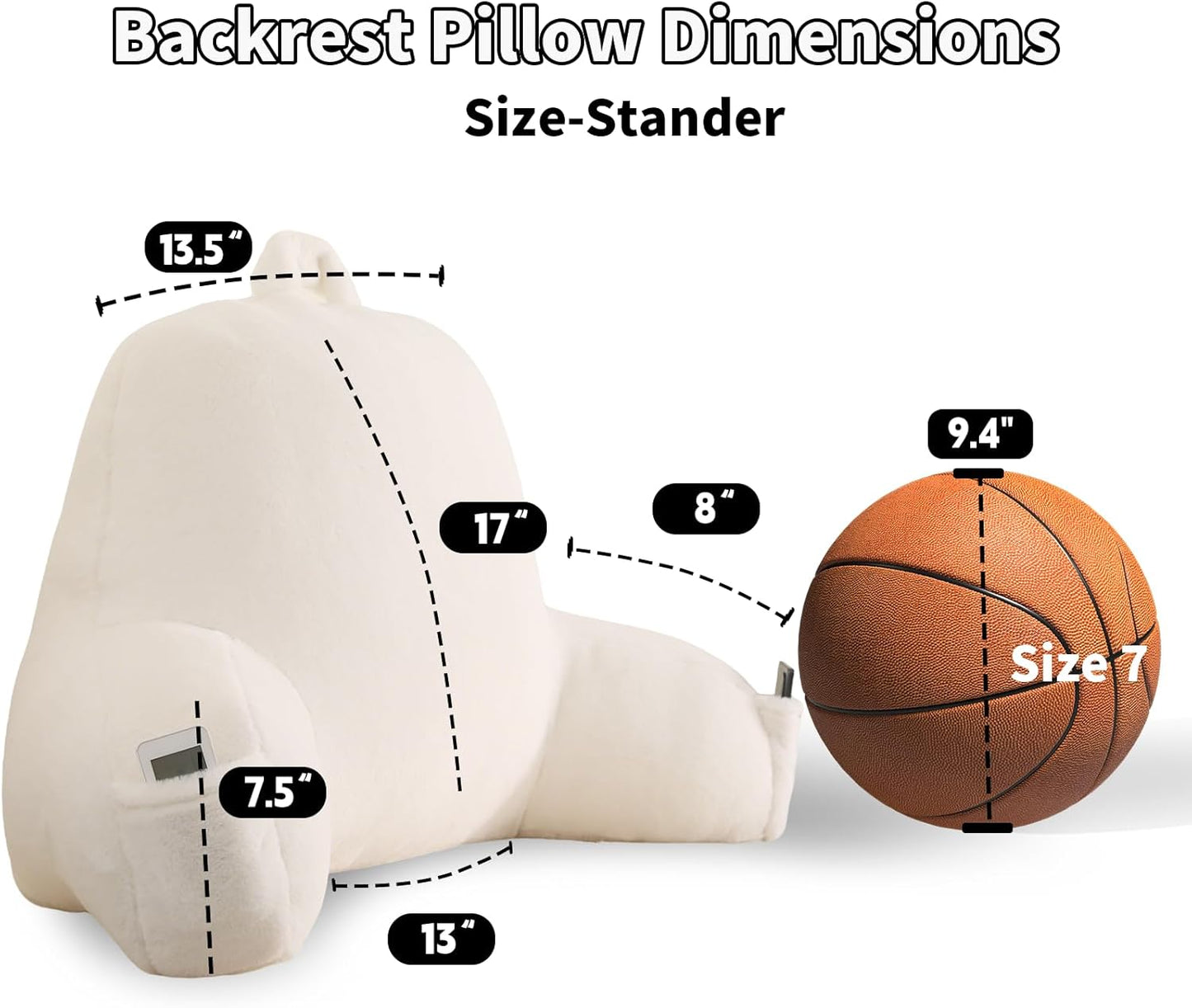 Back Pillow for Bed Sitting Up,Large Backrest Reading Pillow with Arm Rest,Back Rest Support Cushion for Sitting Up on Couch,Sofa,Floor,Dorm Essentials(White Faux Fur,Standard(17"))
