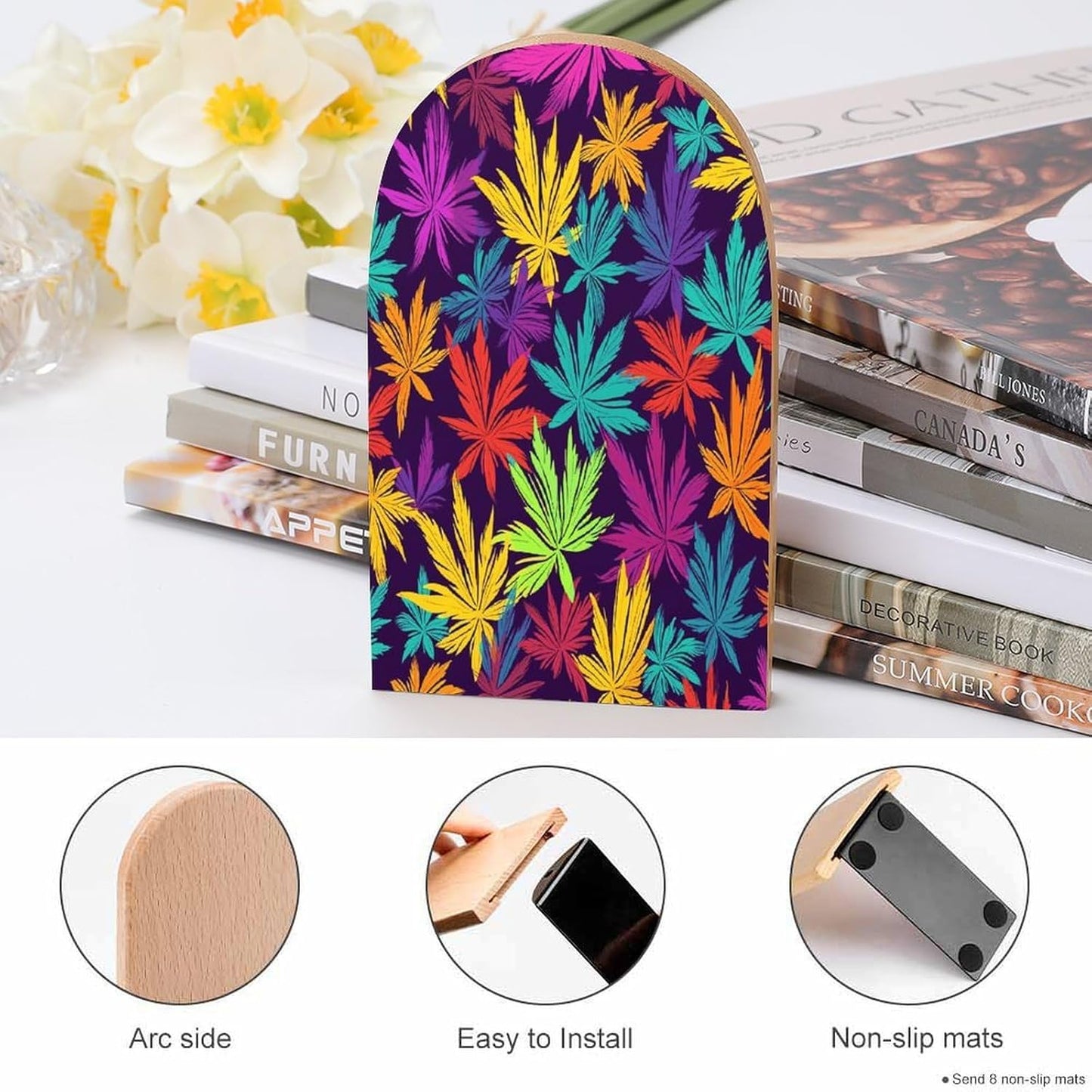 Bright Colorful Weed Pattern Bookends 1 Pair Heavy Duty Book Ends for Shelves Non-Skid Bookend Supports Wooden Book Holders with Metal Base Desk Organizers Books Storage to Hold Books