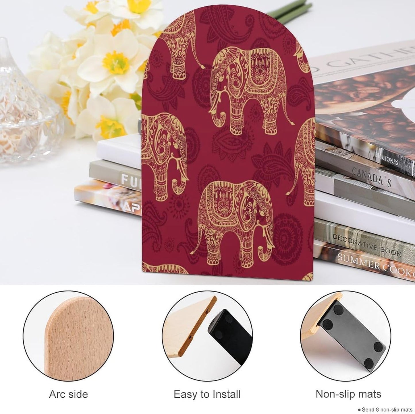 Elephant Wooden Bookend Non-Slip Book Ends Heavy Duty Book Stopper with Metal Base Books Holderd Decorative Bookends Stands Firmly for Office Supplies