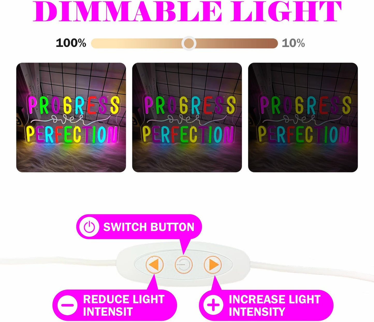 Progress Over Perfection Neon Sign Dimmable Classroom Wall Decor Led Progress Over Perfection Wall Art Neon Light, Kids Motivational Neon Sign for Classroom, Bedroom, Inspirational Wall Decoration Gift