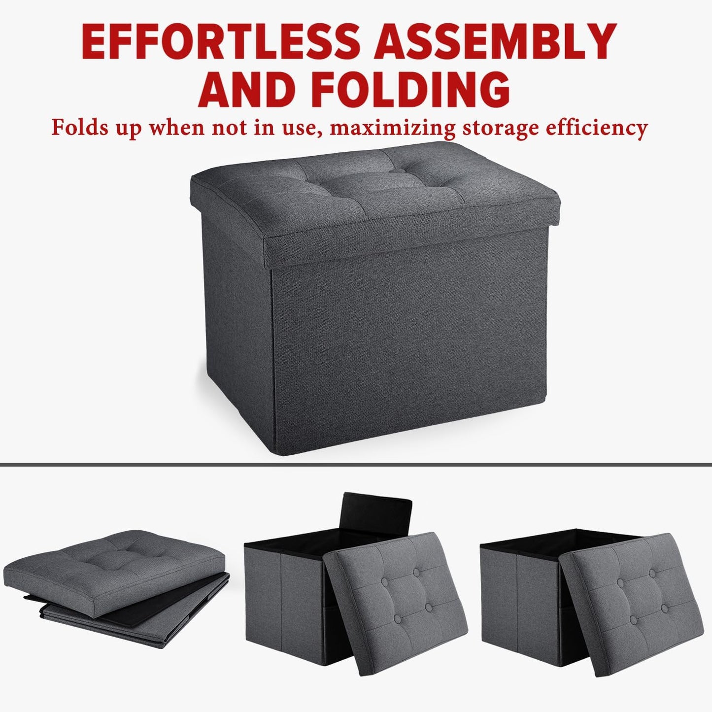 LINMAGCO Small Storage Ottoman Stool Foot Rest Stool Under Desk Stool Short Folding Ottoman Linen Cloth Dark Gray 17X13X13IN