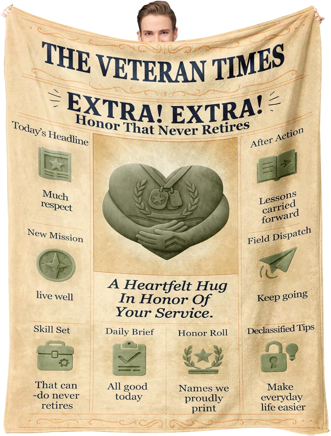 Veteran Appreciation Flannel Throw Blanket 60x50, Vintage Newspaper-Style Service Appreciation Throw, Soft Cozy Patriotic Couch or Bed for Men, Veterans Day, Retirement & Homecoming