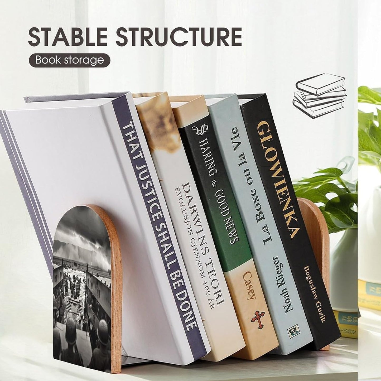 Photo of Normandy Landings Bookends 1 Pair Heavy Duty Book Ends for Shelves Non-Skid Bookend Supports Wooden Book Holders with Metal Base Desk Organizers Books Storage to Hold Books