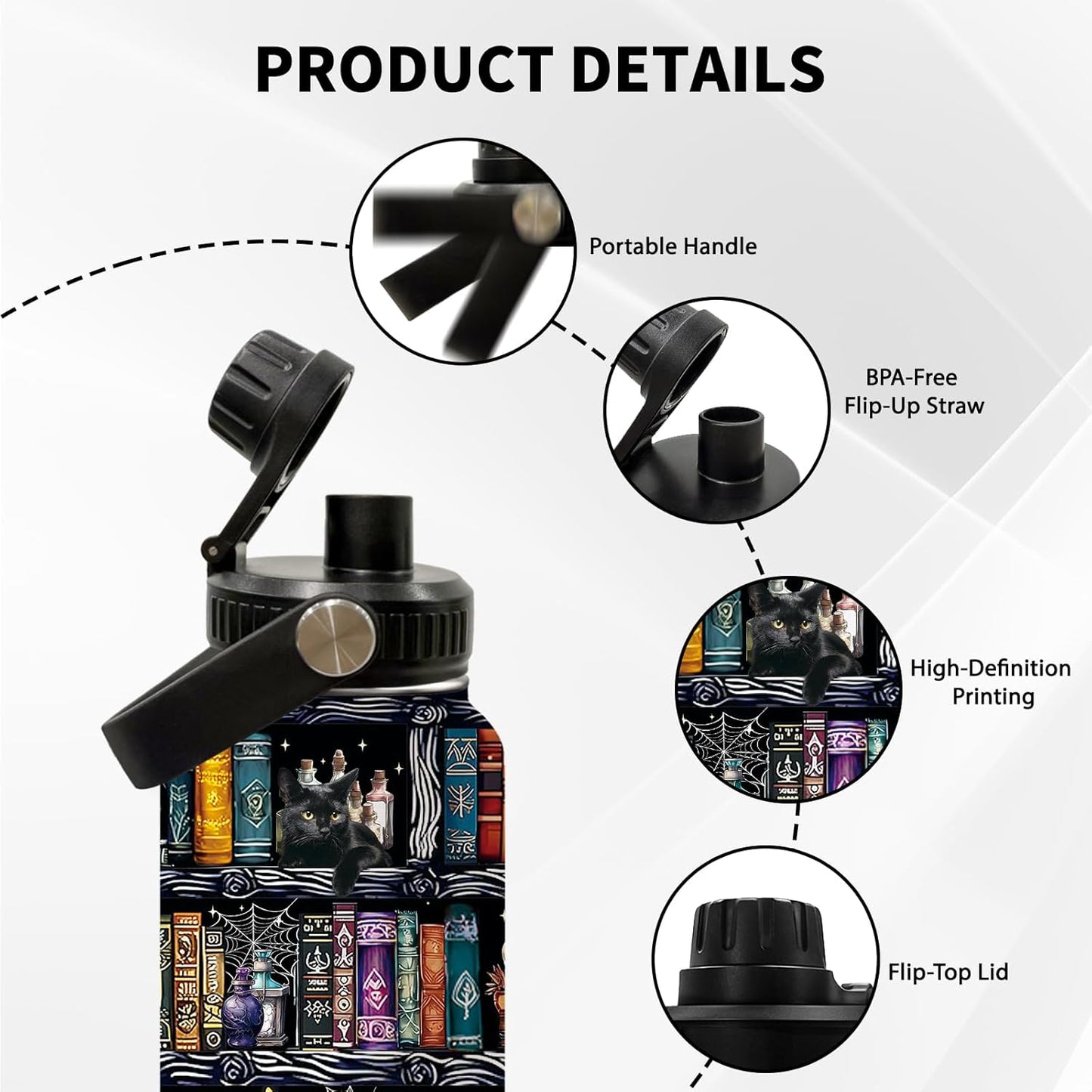 Book Lovers Gifts, Goth Skull Bookish Water Bottle with Lid 32oz, Bookshelf Mugs Cup Tumbler for Books Lovers, Readers Writer Bookworm Librarian Gift for Thanksgiving Christmas, 1 PCS