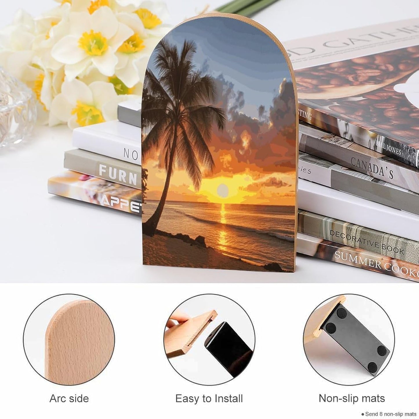 Sunset Hawaiian Palm Tree Bookends 1 Pair Heavy Duty Book Ends for Shelves Non-Skid Bookend Supports Wooden Book Holders with Metal Base Desk Organizers Books Storage to Hold Books