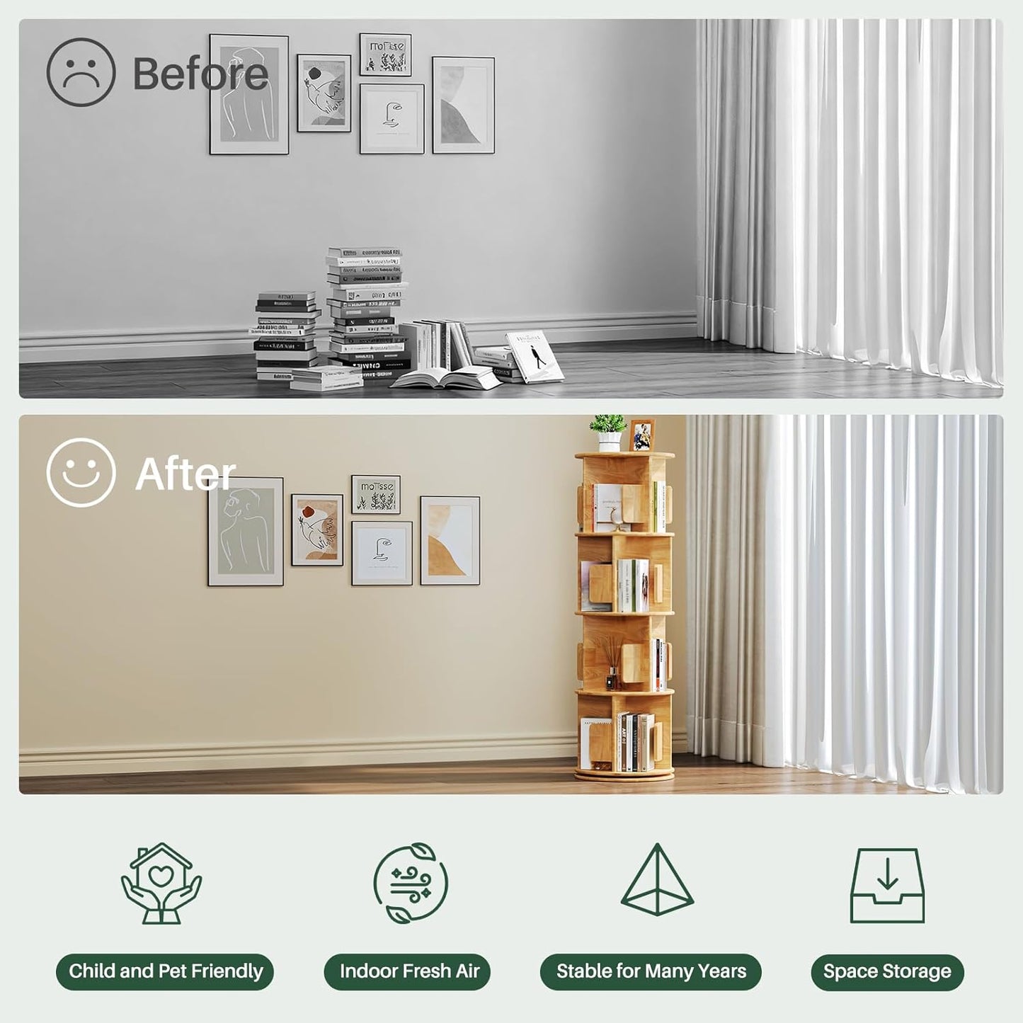 Wooden Rotating Natural Bookshelf Tower - 4 Tier 51“ H Tall 360° Spinning Revolving Bookshelf for Small Spaces, Solid Wood Round Narrow Modern Bookcase Tower for Home Office & Bedroom & Kids Rooms