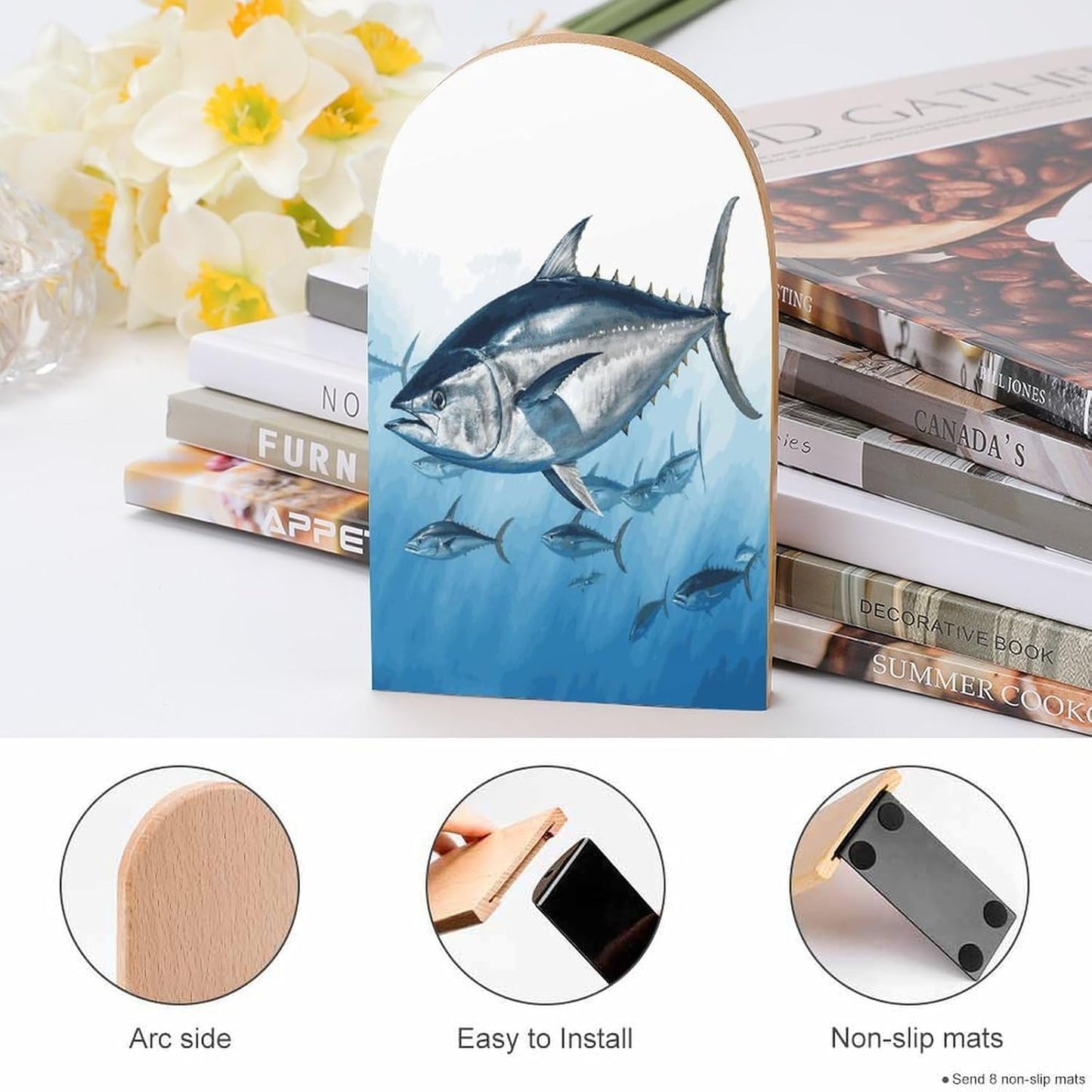 Bluefin Tuna Thunnus Bookends 1 Pair Heavy Duty Book Ends for Shelves Non-Skid Bookend Supports Wooden Book Holders with Metal Base Desk Organizers Books Storage to Hold Books
