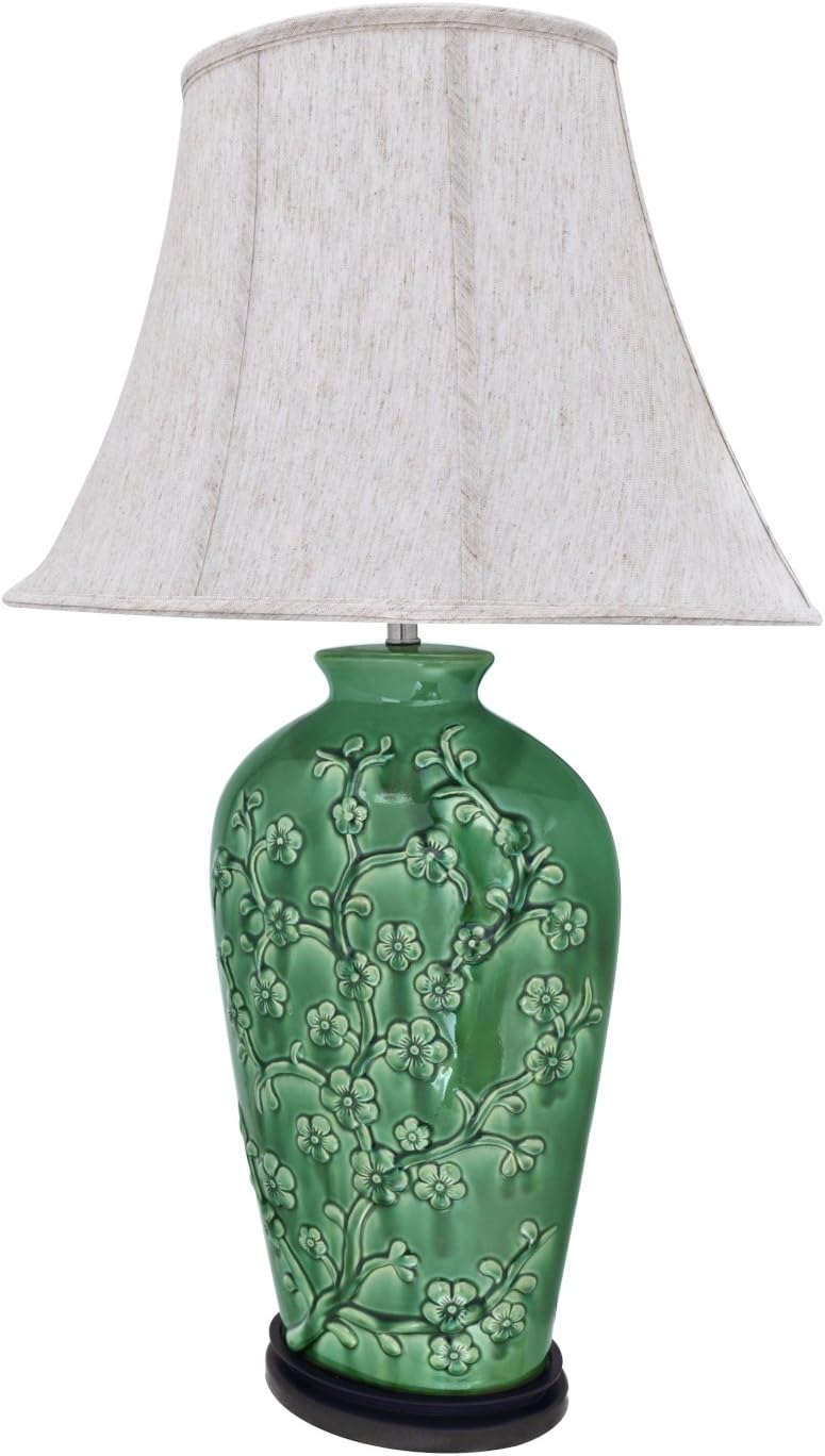 Aspen Creative 40013, 33 1/2" High Traditional Ceramic Table Lamp, Green with Dark Brown Wood Base and Oval Bell Shaped Lamp Shade in Off White, 20" x 11" Wide
