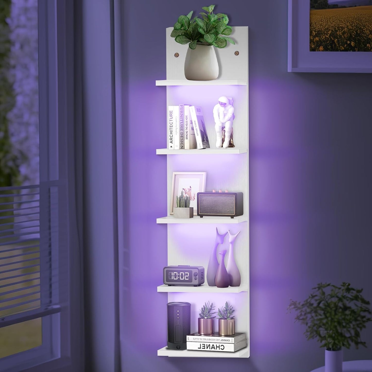 White 5 Tier Display Shelf Case with Lights LED Wall Mount Vertical Lack Shelf Wall Decor RGB Lighting for Bedroom Living Room Gaming Floating Shelves
