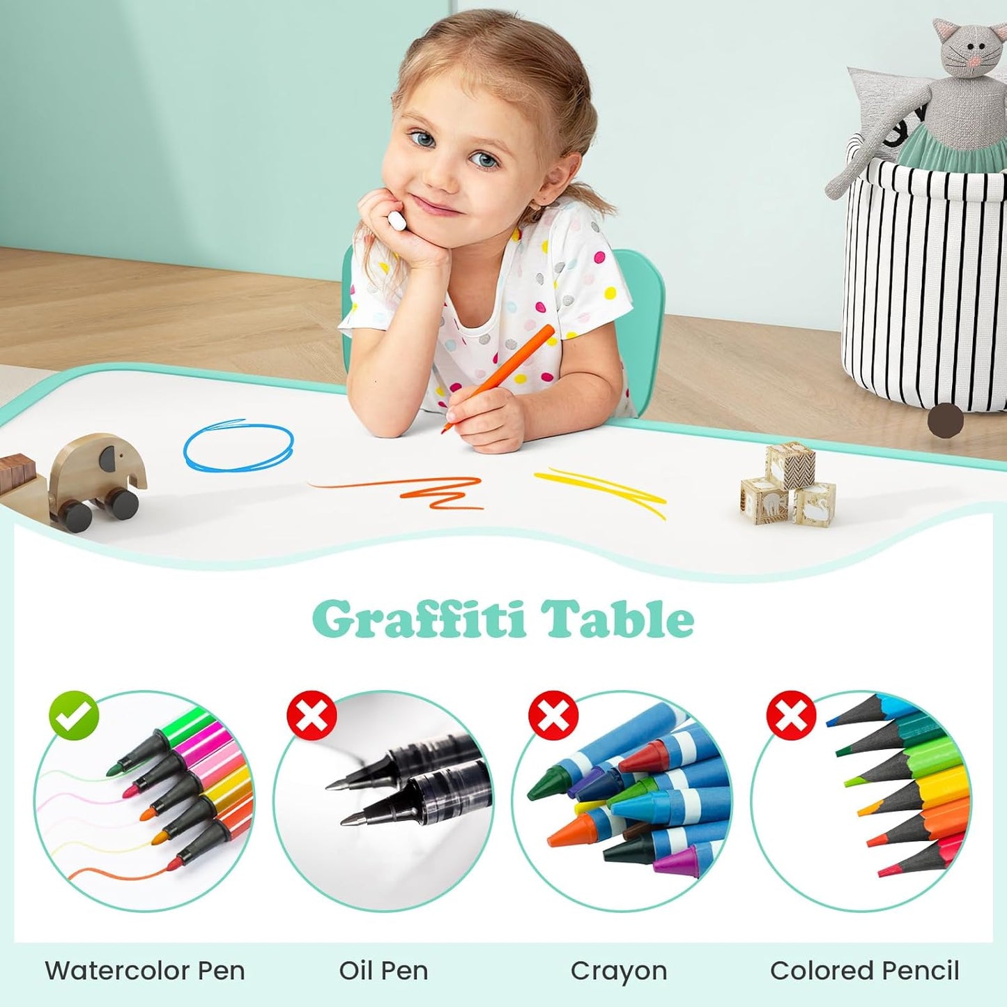 INFANS Kids Table and Chiar Set, Height Adjustable Toddler Desk and 4 Chairs with Graffiti Desktop Non-Slip Legs, Large 47" L x 23.5" W Multi-Activity Art Table for Daycare Classroom Home (Green)