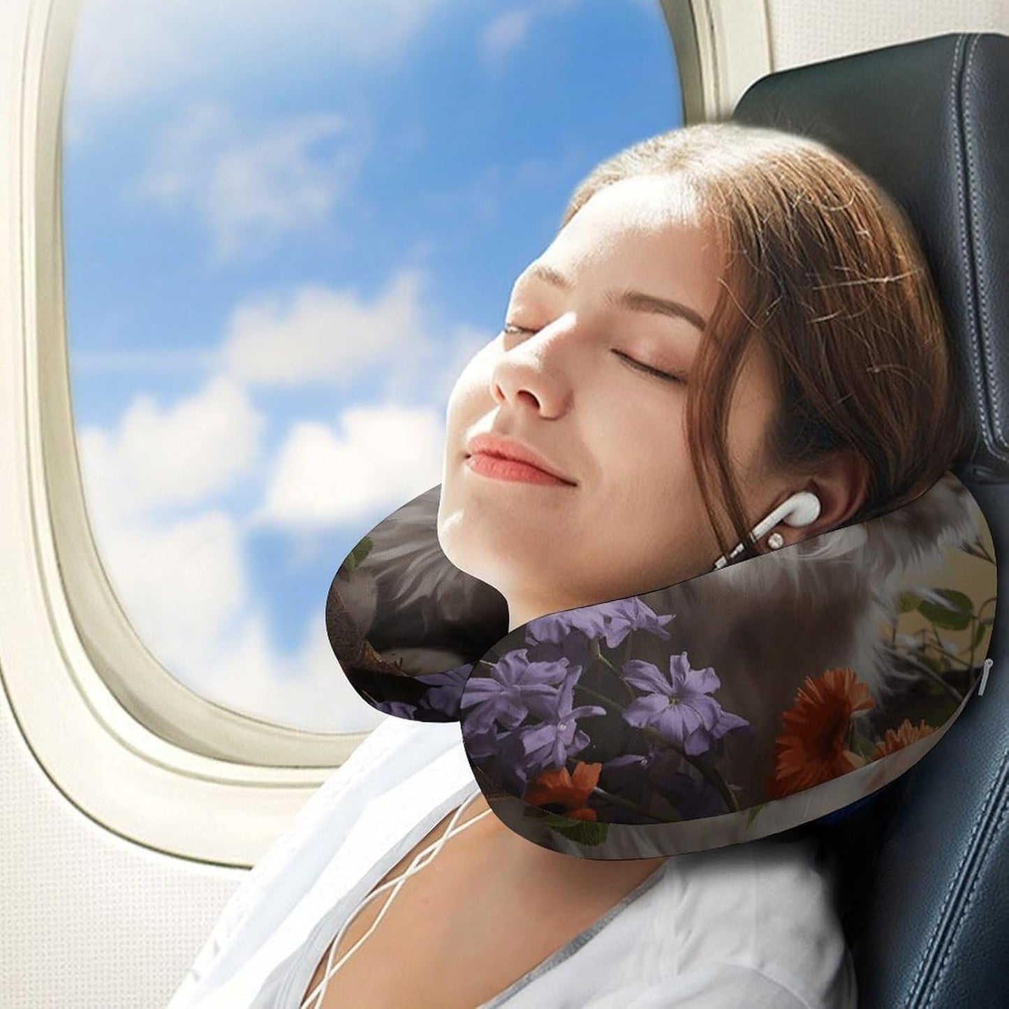 Cat Flowers Neck Pillow Memory Foam U Shaped Pillows Portable Pillows for Shoulder Travel Head Support Pillow with Concealed Zipper for Airplane Car Home Office