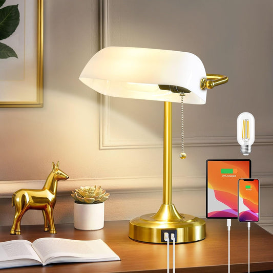 Vintage Desk Lamp Bankers Lamp - Plastic Lampshade Retro Table Lamp with USB & Type C Charging Ports Traditional Library Lamp for Home Office Nightstand Bedroom Side Table Lamp(T45 Bulb Included)