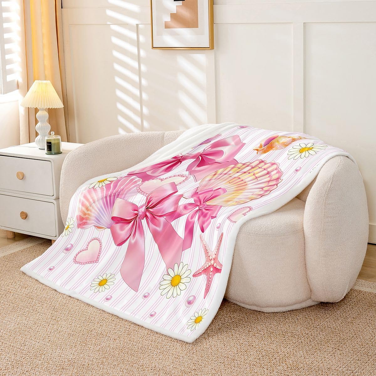 Feelyou Pink Bow Sherpa Throw Blanket for Couch Cute Super Soft Cozy Fleece Starfish Beach Blanket for Winter, Plush Throw Shell Throw 50"x60" Coastal Ocean All Season