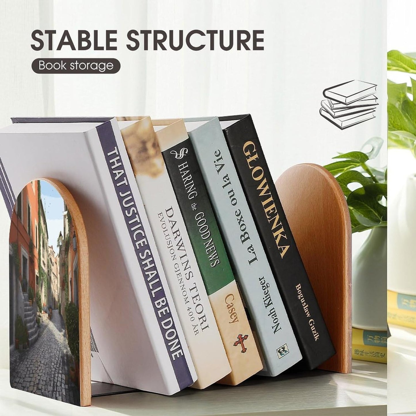 Street of Italy Bookend for Shelves Wooden Book End Large Size Sturdy Book Holders Stoppers with Metal Base for Bookshelves Slick Decorative Bookends Stands