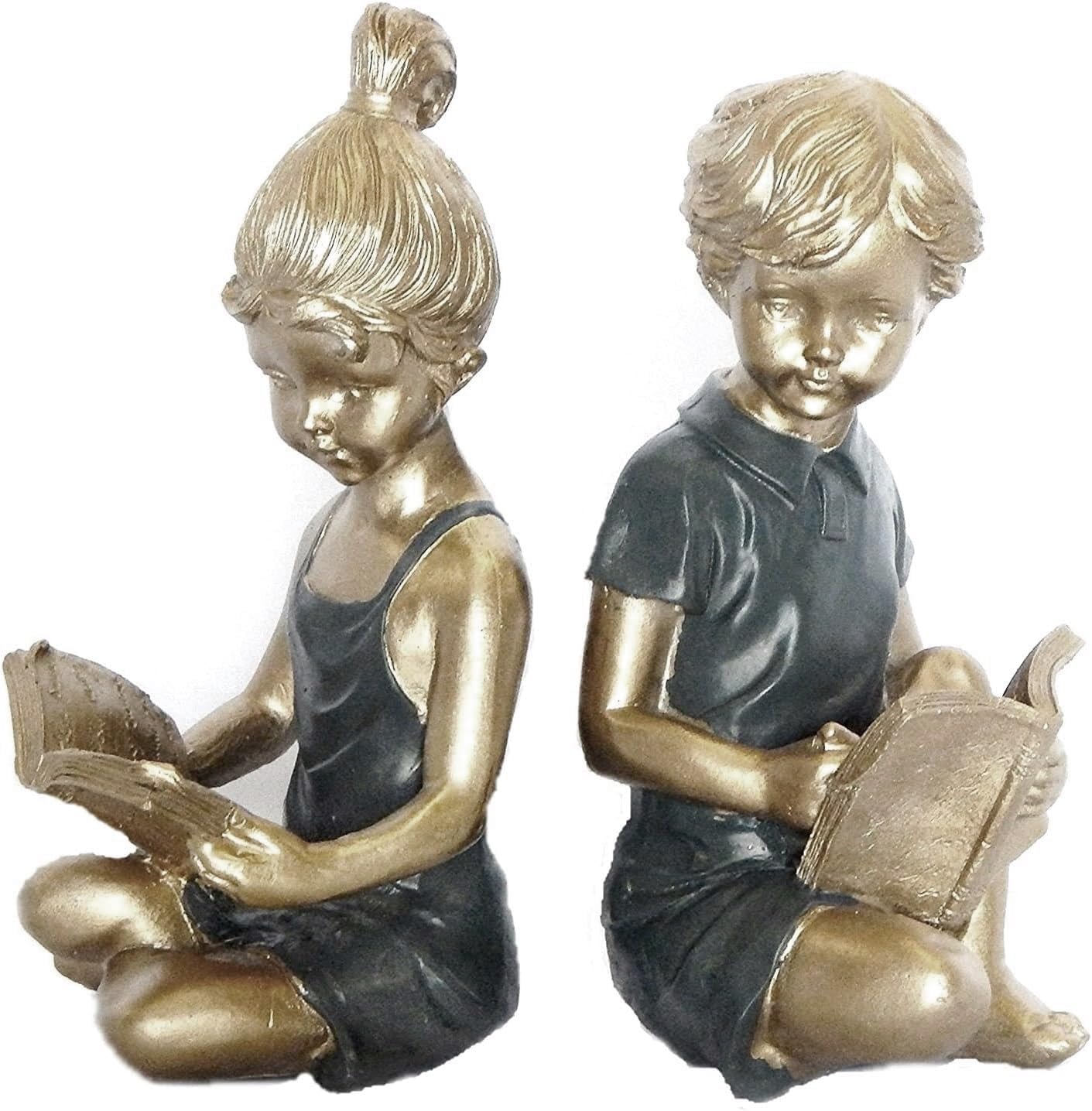 Bellaa 22951 Boy Girl Bookends Vintage Studious Reading Scholar Bookrack Stoppers for Heavy Duty Book Ends Holder Stand Decorative 8 inch