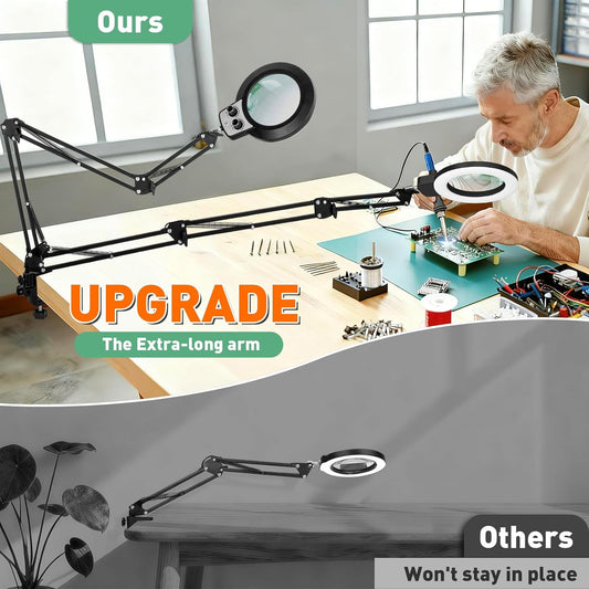 12X Magnifying Glass with Light, Ultra Long 3 Section Swing Arm LED Desk Lamp with Large Clamp, 3 Color and Brightness Hands Free Magnifier Light and Stand for Workbench Crafts Reading Sewing