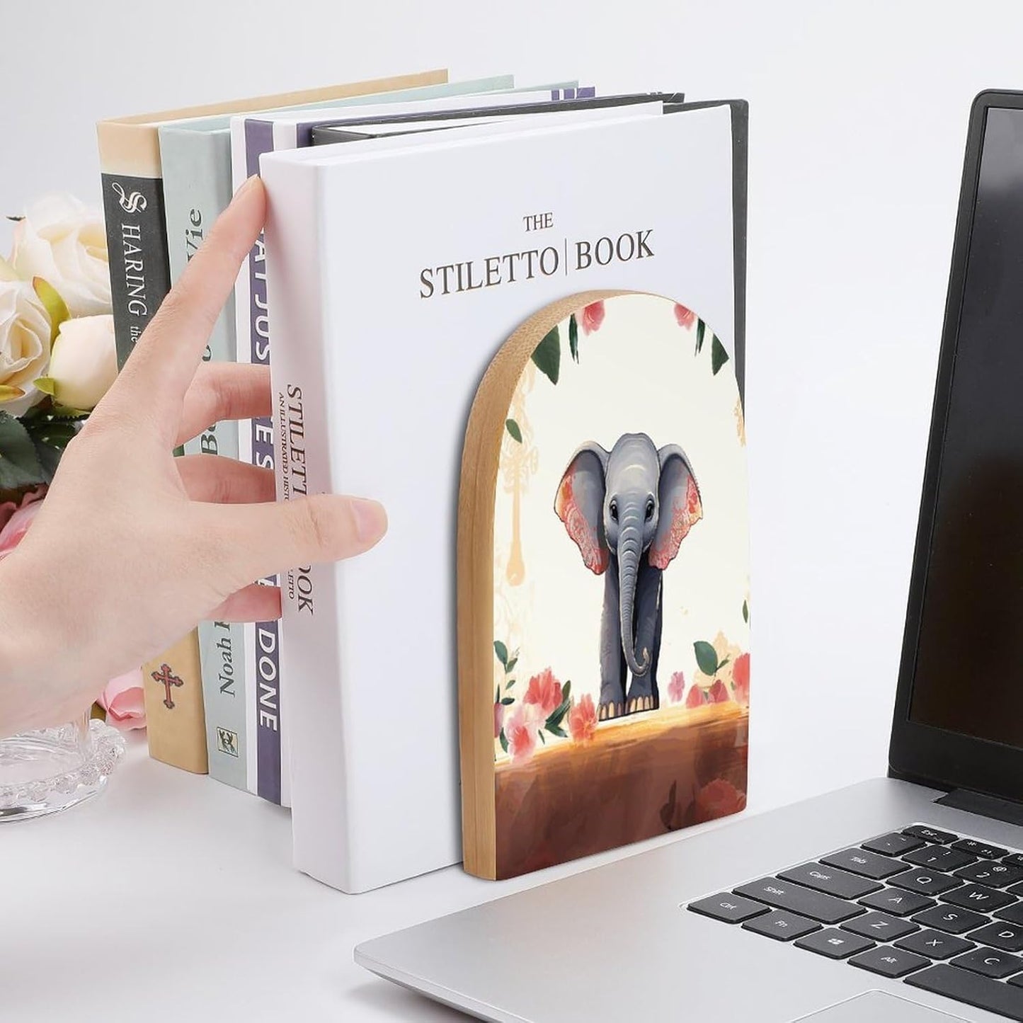 Lucky Elephant Bookend for Shelves Wooden Book End Large Size Sturdy Book Holders Stoppers with Metal Base for Bookshelves Slick Decorative Bookends Stands