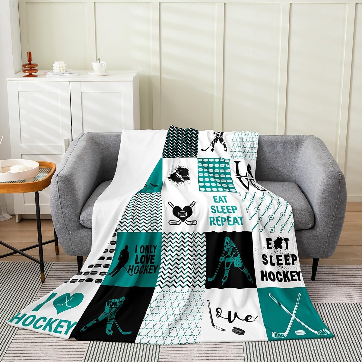 Ice Hockey Fuzzy Blanket,Hockey Player Throw Blanket For Kids Boys,Eat Sleep Hockey Blanket Twin 60x80,Black Green Patchwork Flannel Blanket For Sofa Bed Couch,Geometric Plaid Fleece Blanket,Cozy