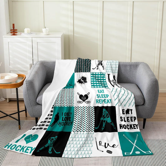 Ice Hockey Fuzzy Blanket,Hockey Player Throw Blanket For Kids Boys,Eat Sleep Hockey Blanket Twin 60x80,Black Green Patchwork Flannel Blanket For Sofa Bed Couch,Geometric Plaid Fleece Blanket,Cozy