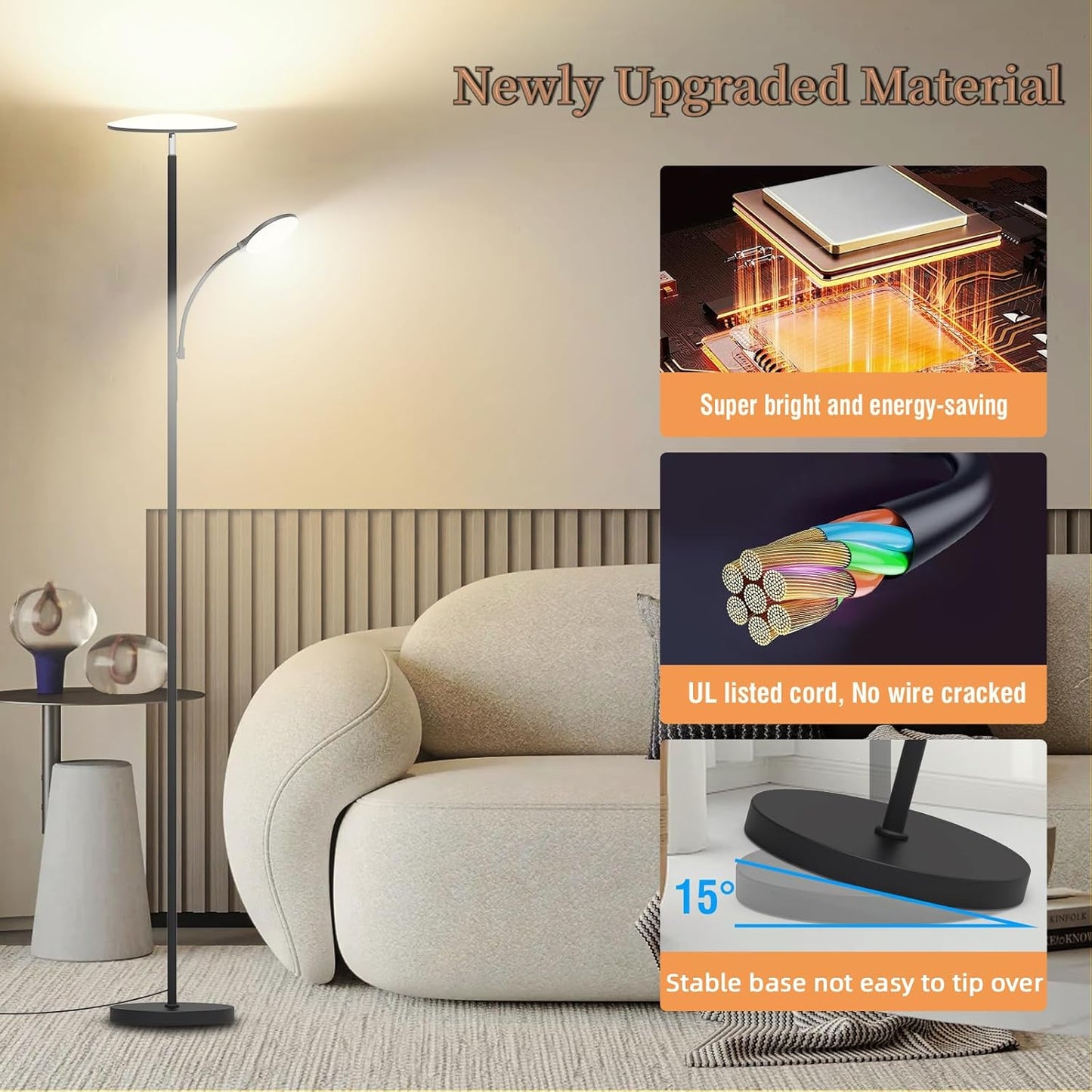 Floor Lamp, 2025 Upgraded 42W 4500LM Super Bright LED Floor Lamp with Rotatable Reading Light, Touch Remote Control & Memory Function, Stepless Dimmable Standing Lamp for Living Room Bedroom, Black