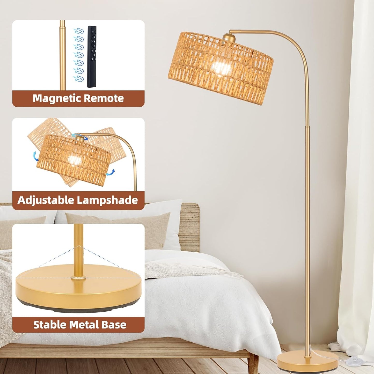 Gold Floor Lamps- Boho Floor Lamp for Room, Rattan Standing Lamps with Dimmable Bulb, Adjustable 2-in-1 Lampshades Arc Floor Lamp Over Couch Lamps for Living Room, Bedroom, Office