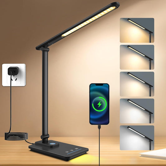 LED Desk Lamp for Home Office, USB Charging Port, Reading Desk Light with 5 Color Temperatures, Stepless Dimming, Table Lamp with Timer, Night Light, Foldable Desk Lamp for College Dorm Room (Black)