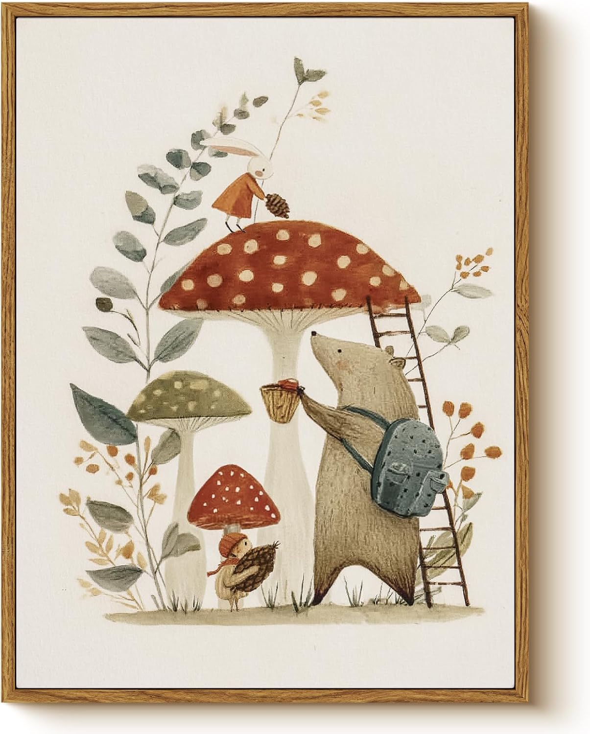 Vintage Storybook Kids Wall Art Framed Canvas Painting 12x16, Cute Woodland Animals and Mushrooms Illustration Bunny Bear Artwork, Nursery Children Room Playroom Farmhouse Fairy Tale Home Decor