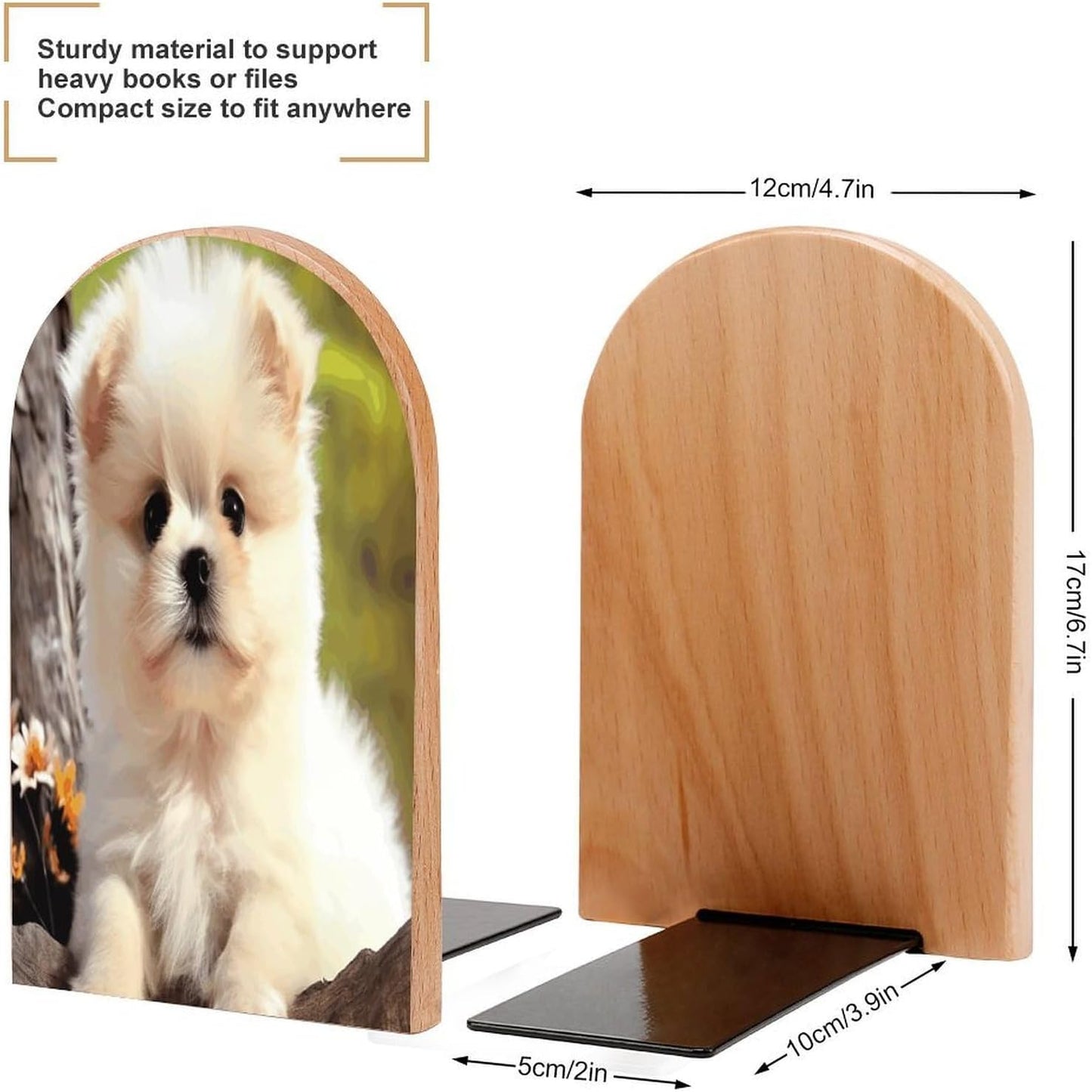 Cute Dog Bookend for Shelves Wooden Book End Large Size Sturdy Book Holders Stoppers with Metal Base for Bookshelves Slick Decorative Bookends Stands