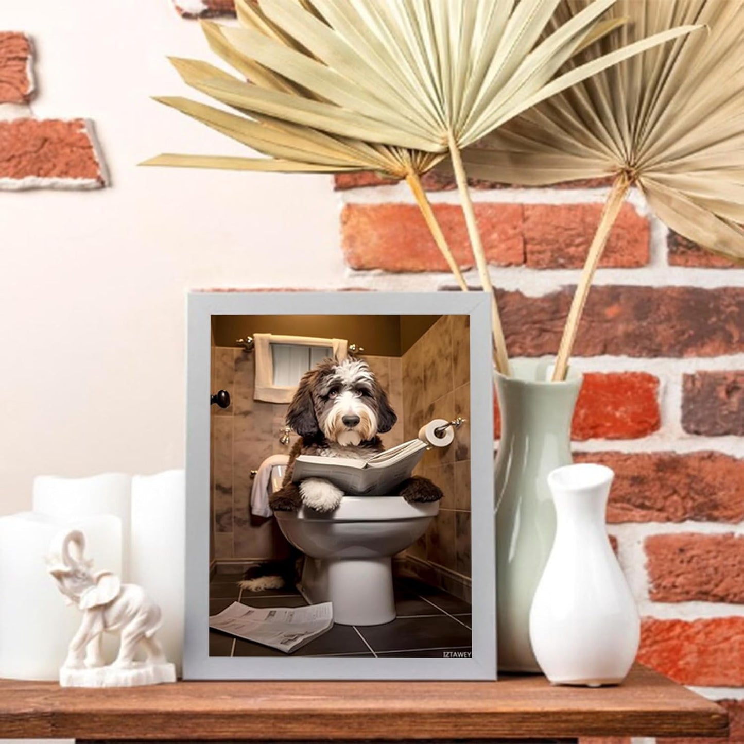 Funny Dog Sitting on The Toilet Wall Art, Bernedoodle Dog Humorous Canvas Print Decorations Artwork for Living Room, Bathroom Unframed 12x16inch