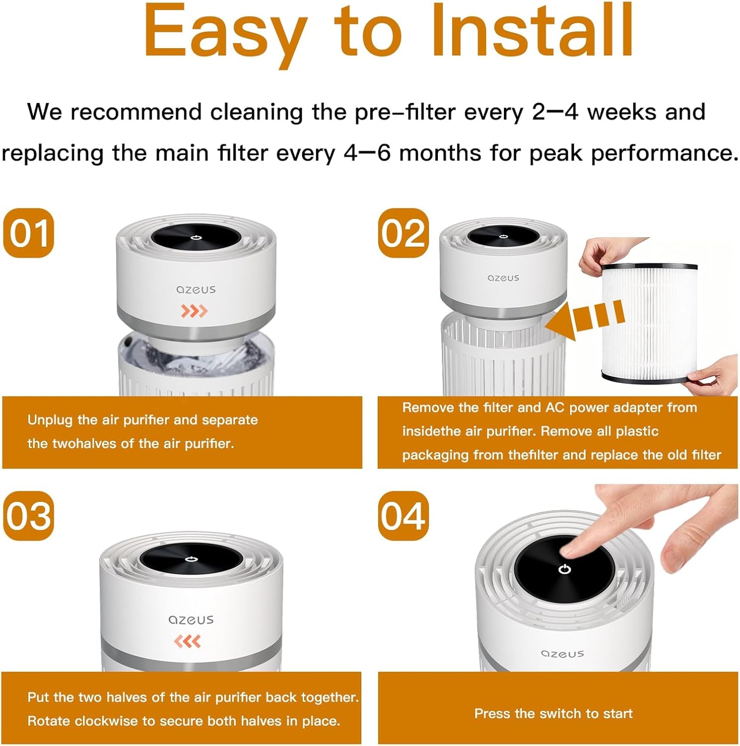 AZEUS Air Purifier for Bedroom & Home, True HEPA Filter, 430 Sq.Ft Coverage, Portable Desktop Air Cleaner —Ideal for Smoke, Pet Dander, Dust & Odors, White