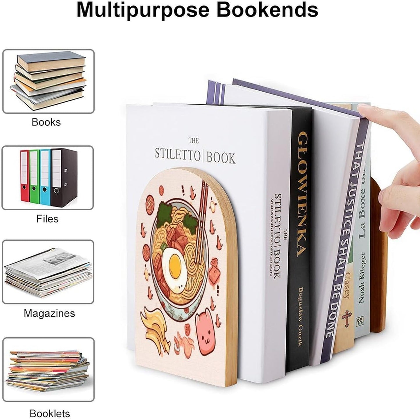 Delicious Sweet Ramen Bookend for Shelves Wooden Book End Large Size Sturdy Book Holders Stoppers with Metal Base for Bookshelves Slick Decorative Bookends Stands