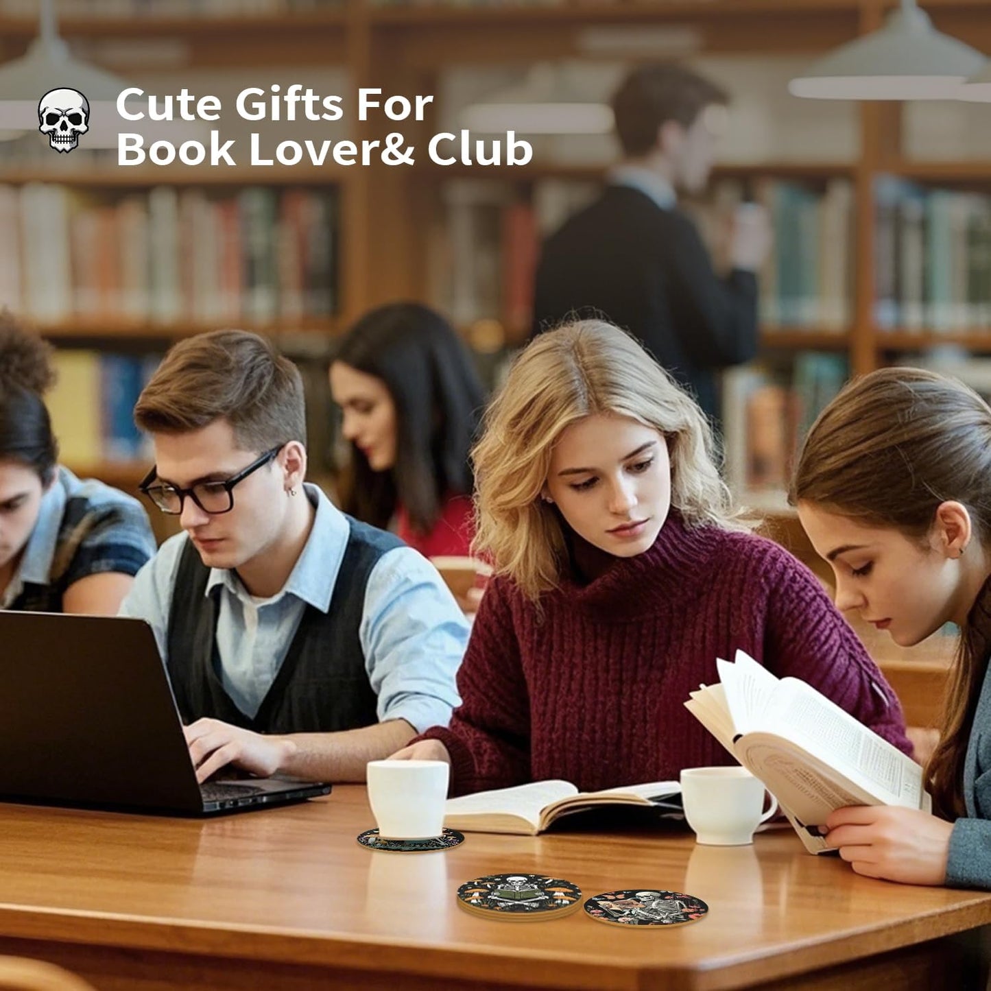 Book Club Gifts Bulk for Book Lovers,6 Pcs Book Theme Wooden Coaster for Mug Cup Tumbler,Library Decor,Cool Book Stuff for Bookworms Nerd Readers Friend Men Or Women