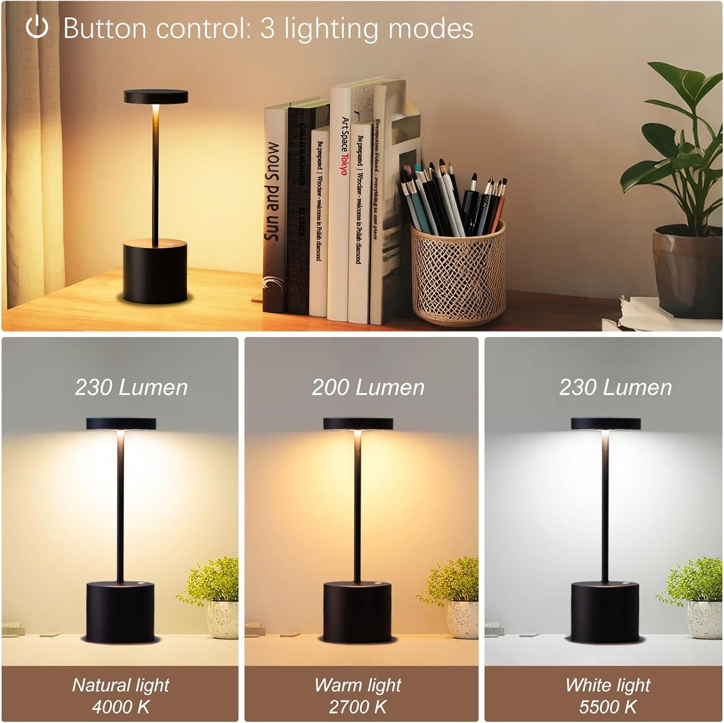 2-Pack Cordless Rechargeable Table Lamps, 3 Color Temperatures and Stepless Dimmable, IP54 Waterproof Portable Battery Operated LED Lights for Outdoor Patio Bedside Restaurant, Black