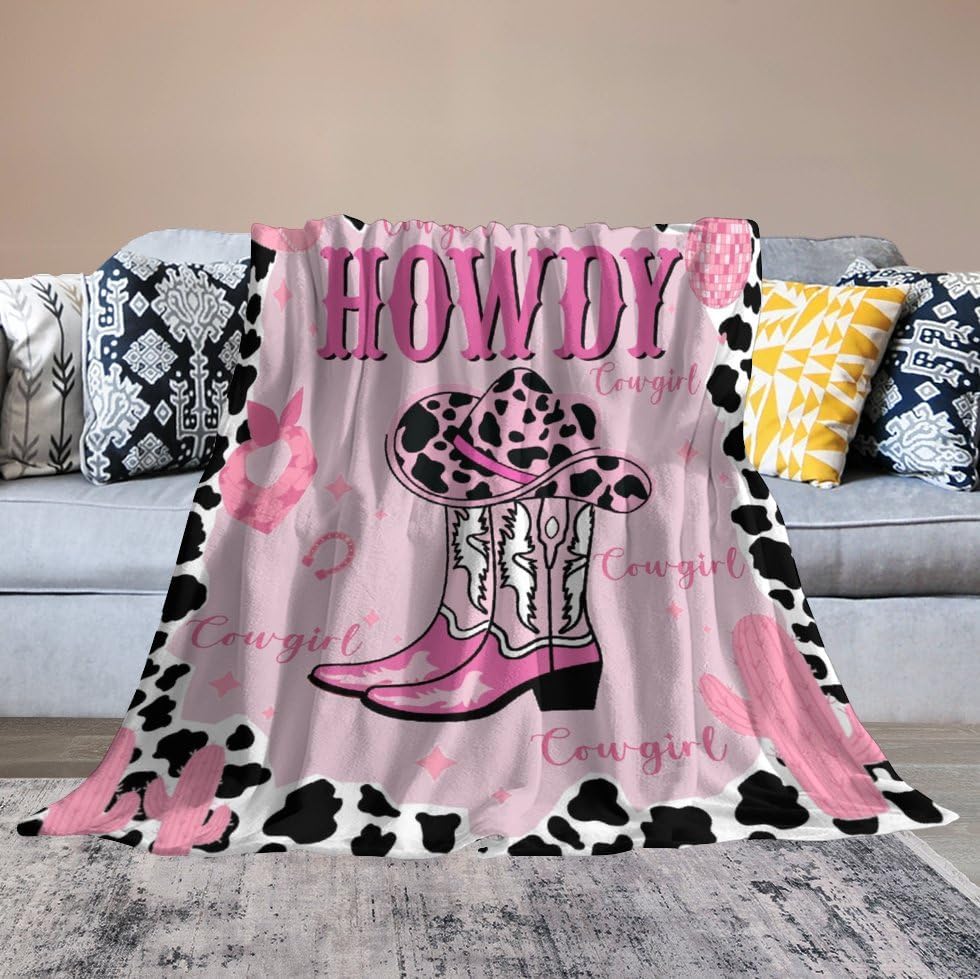 Western Cowgirl Blanket Pink Cowboy Hat Boots Cactus Black White Cow Printed Soft Cozy Lightweight Throw Blanket for Kids Girls Women Bedroom Living Room Dorm Chair Sofa Travel 40x50in