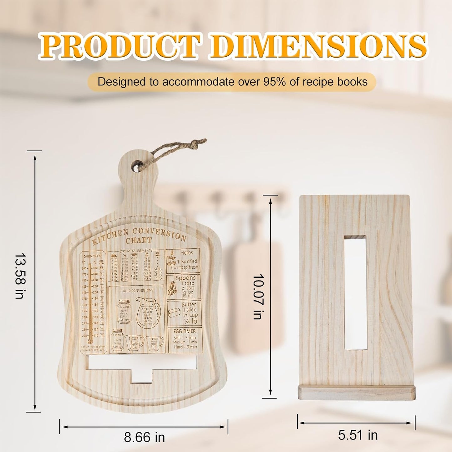 Cookbook Stand for Kitchen Counter, Recipe Book Holder with Kitchen Conversion Chart, Wood Cook Book Holder