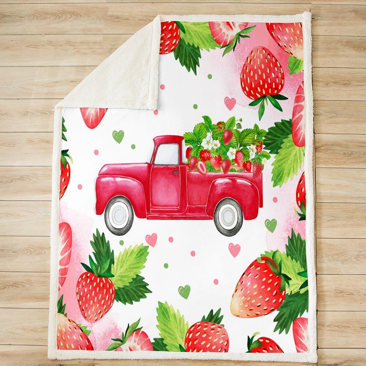 Strawberry Bed Blanket Strawberry Truck Throw Blanket Lightweight Soft Cozy Luxury Red Fruit Fleece Blanket Farmhouse Flannel Blanket for Sofa Bedroom Office Travel All Season(Twin 60"x80")