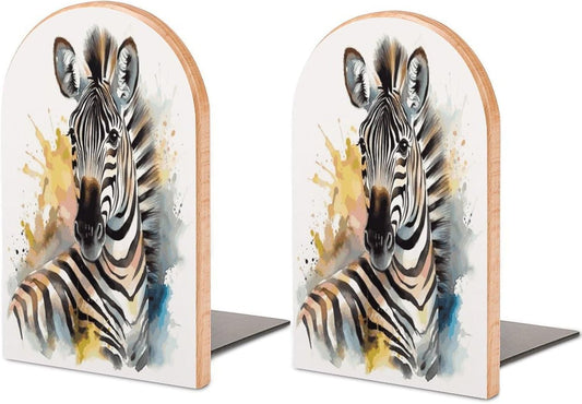 Cute Zebra Watercolor Bookends 1 Pair Heavy Duty Book Ends for Shelves Non-Skid Bookend Supports Wooden Book Holders with Metal Base Desk Organizers Books Storage to Hold Books