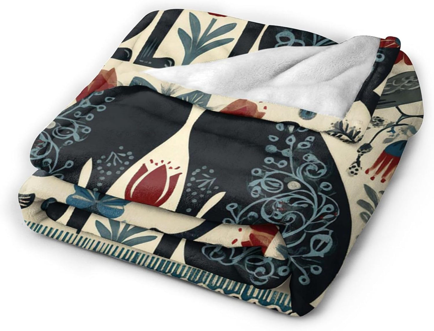 Black Cat Blanket, Folk Art Scandinavian Floral Throw Blanket, Vintage Boho Flower & Bird Decor, Super Soft Flannel Fleece Blanket for Bed Couch, Gift for Cat Lovers 60"x50"