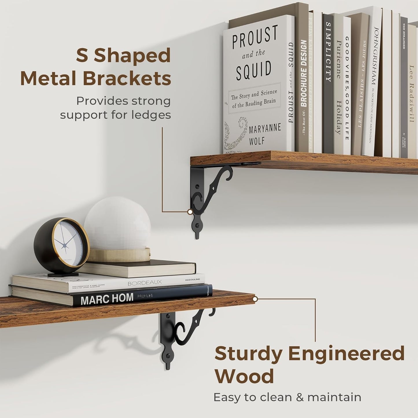 RICHFOCUS Floating Shelves for Wall Decor, 8 Inch Deep Floating Shelves Set of 2, 16W x 8D Shelves Wall Mounted with Metal Brackets, Wood Shelves for Living Room Bedroom Kitchen, Rustic Brown