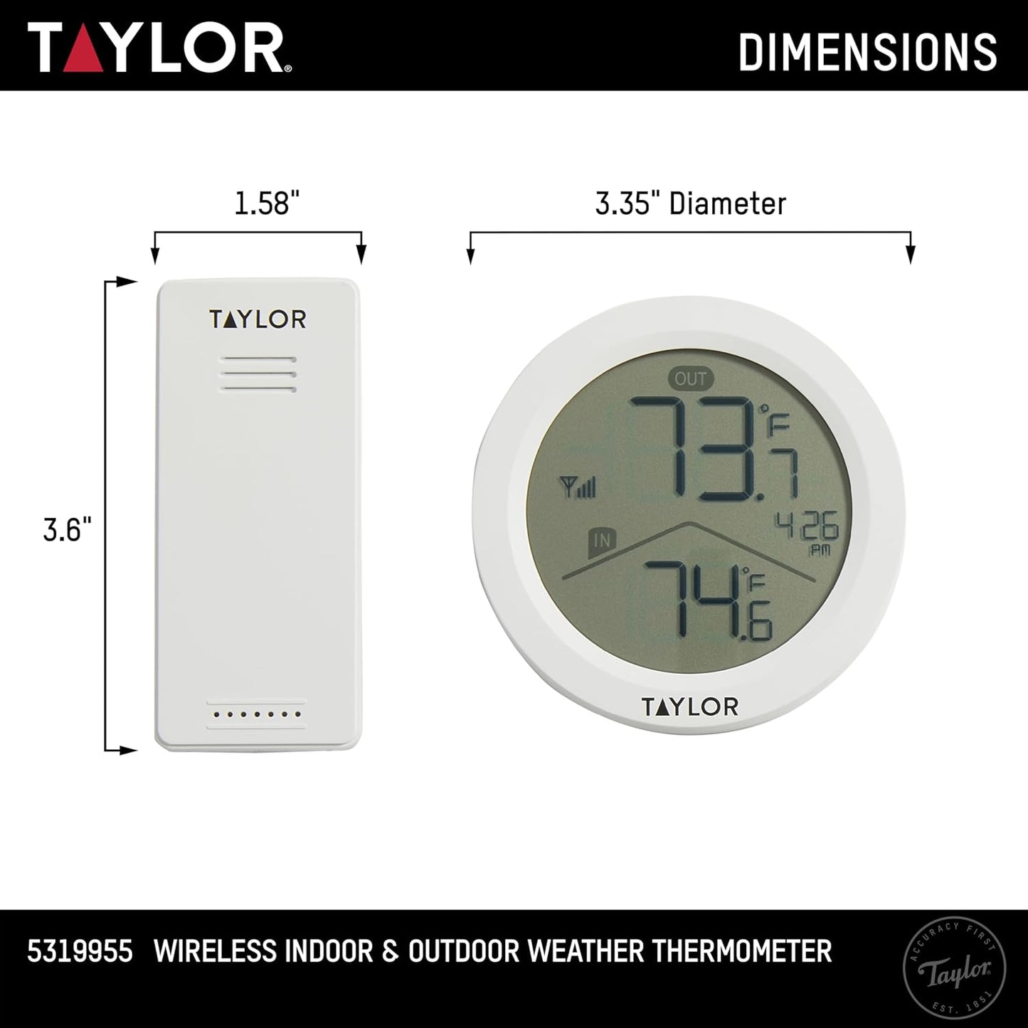 Taylor Digital Wireless Round Indoor Comfort Level Thermometer and Clock, Wireless Remote Sensor, Easy-to-Read Display for Home, Office, Greenhouse, Nursery, and Indoor Areas, LCD, White