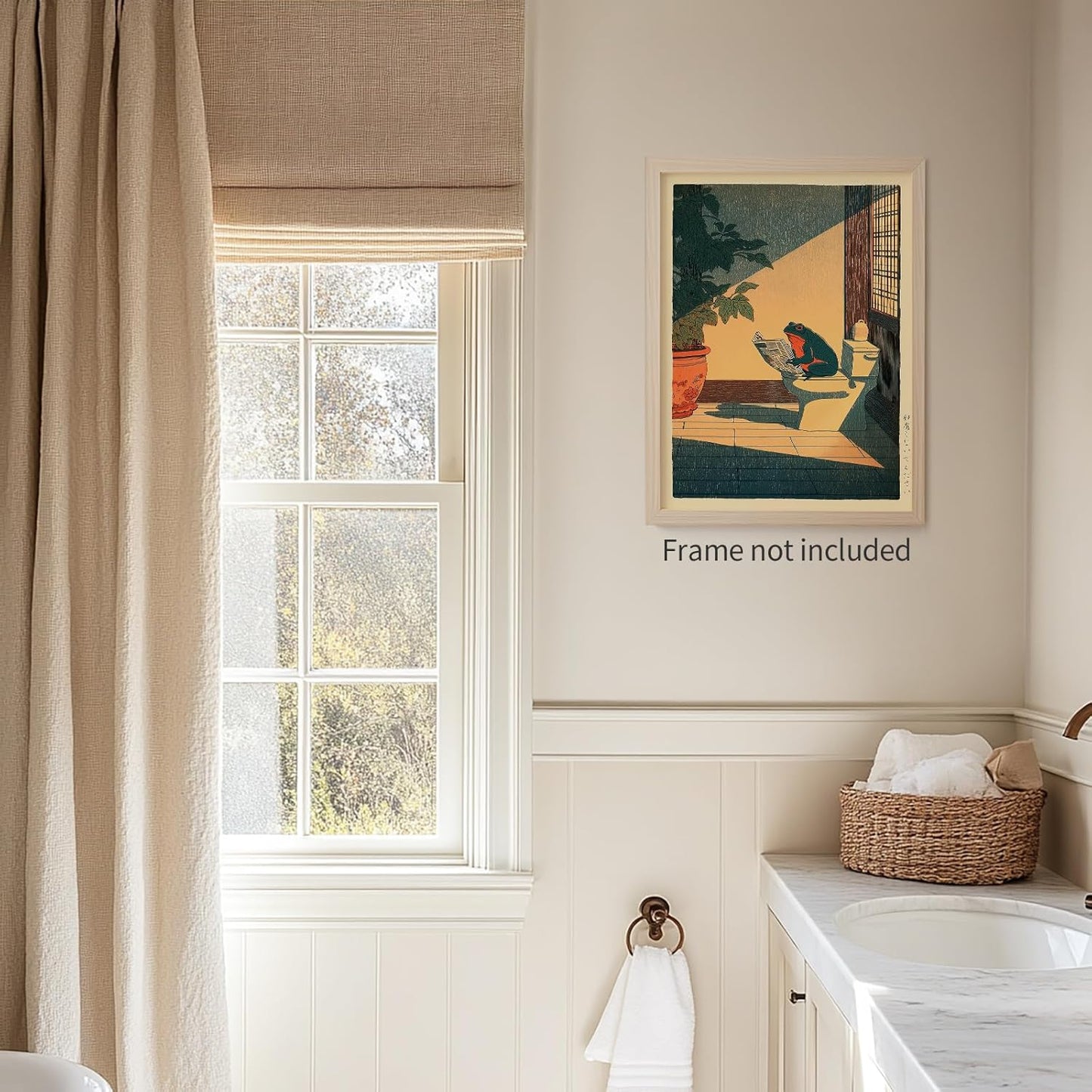Japanese Frog Wall Art Cute Animal Canvas Print Funny Frog On The Toilet Reading Newspaper Posters Vintage Japan Painting Wall Decor 12x16in Unframed for Oriental Asia Bathroom Restroom