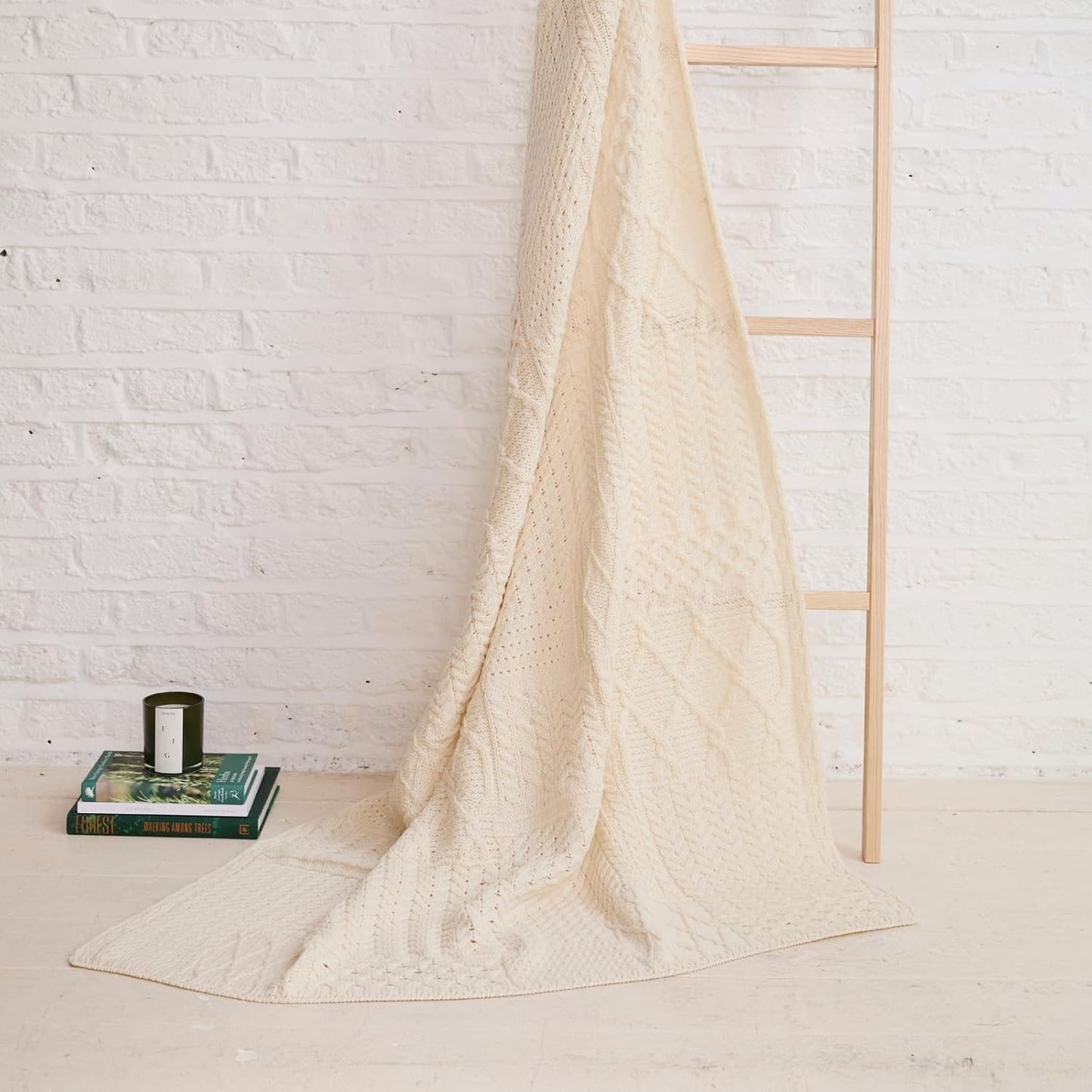 Aran Woollen Mills Patchwork Blanket, 100% Merino Wool,Cable Throw Blanket for Couch or Bed, Made in Ireland, Keel, Cream, 40" x 60" (102 x 152 cm)