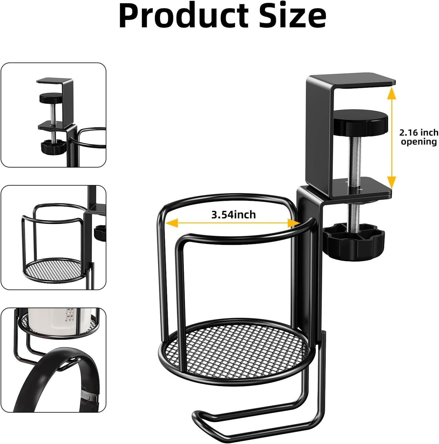 2 in 1 Desk Cup Holder with Headphone Hanger Holder, Anti-Spill Clip-On Table Cup Hook with 360° Rotation for Lawn Chair, Office Home Gaming Table (1 Pack)