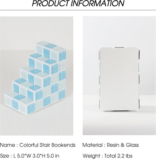 Decorative Bookends for Shelves - Stair Book Ends for Heavy Books - Unique Book Stopper & Holder for Shelves - Modern Home Decor Aesthetic Bookshelf Decor (Light Blue & White)
