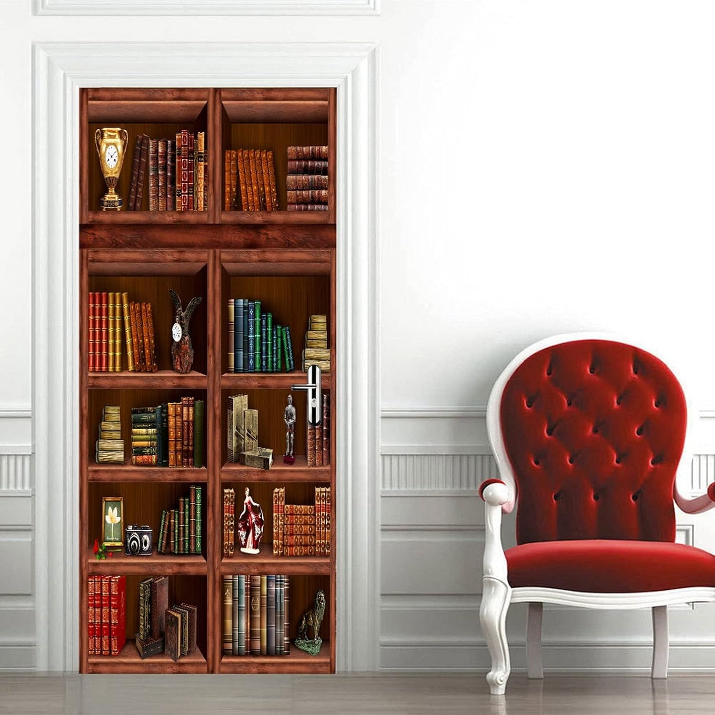 3D Door Stickers for Interior Doors Retro Bookshelf Book Cabinet in Study Room Vinyl Waterproof Self Adhesive Door Mural Decals for Bedroom Office Bathroom 85 x 215 cm